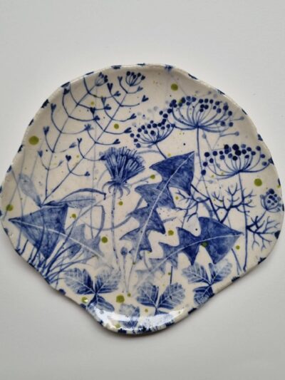 Sarah's garden platter Cobalt oxide and coloured underglazes on midfire white clay Slab form platter. midfire. Clear glaze