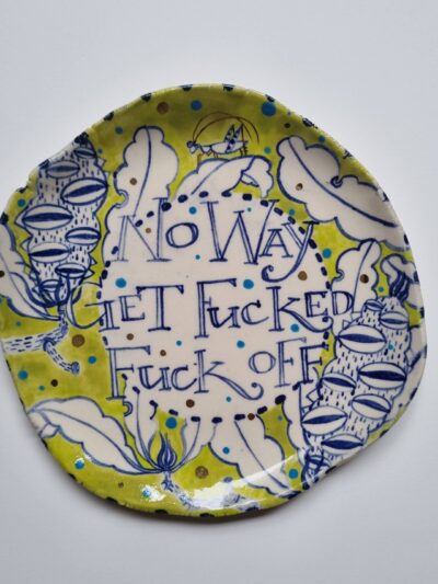 homage to the Angels Platter Coloured underglazes on midfire white clay. Slab form. Clear glaze. Has attached hanging device