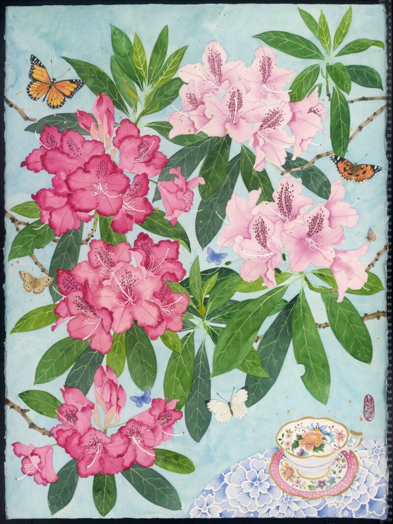 sarahs garden 6. Archival Print of an original watercolour painting on paper, of rhododendrons