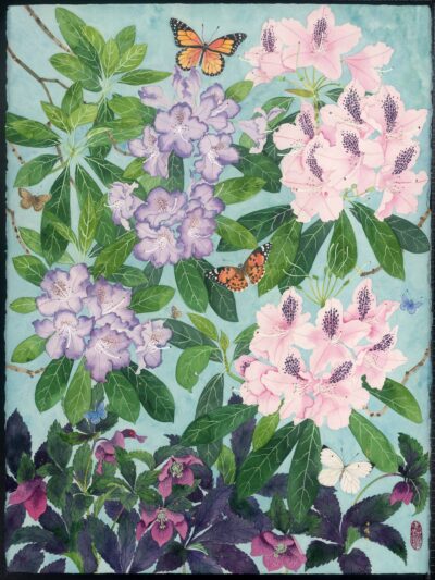 sarahs garden 7. Archival Print of an original watercolour painting on paper, of rhododendrons